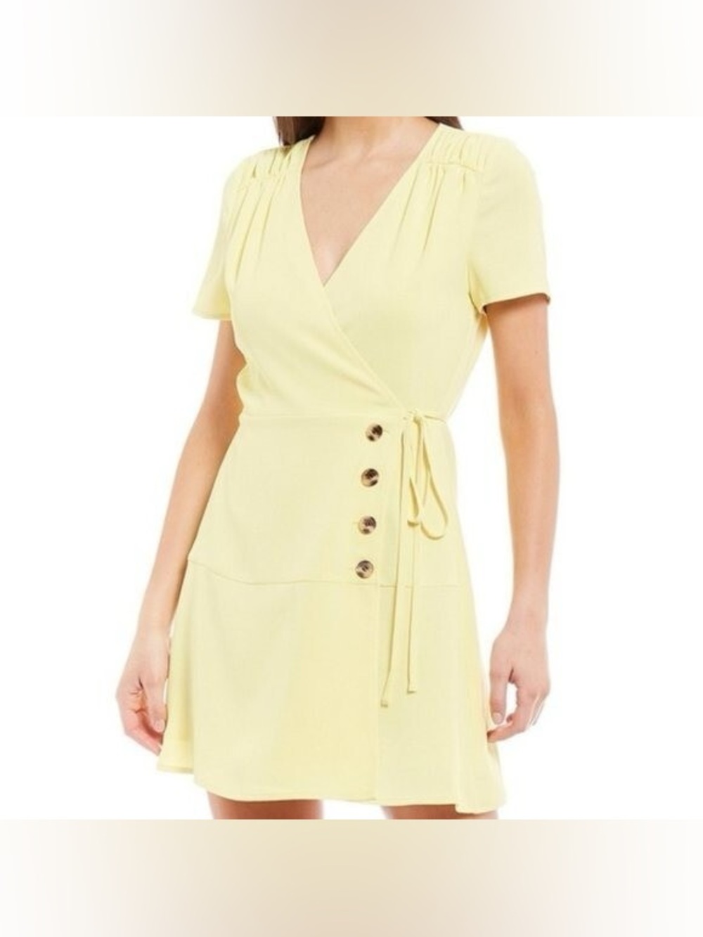 Gianni Bini Yellow Wrap-Style Short Dress with Button Detail